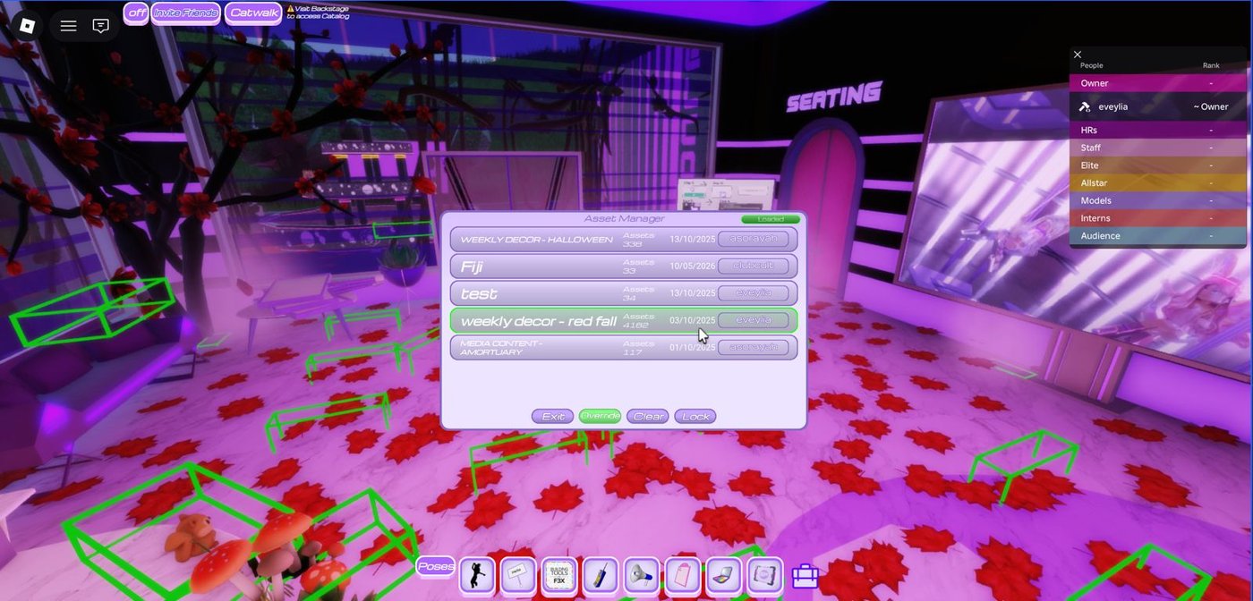 Asset Manager dialog showing five saved decor collections with asset counts, dates, and contributor names