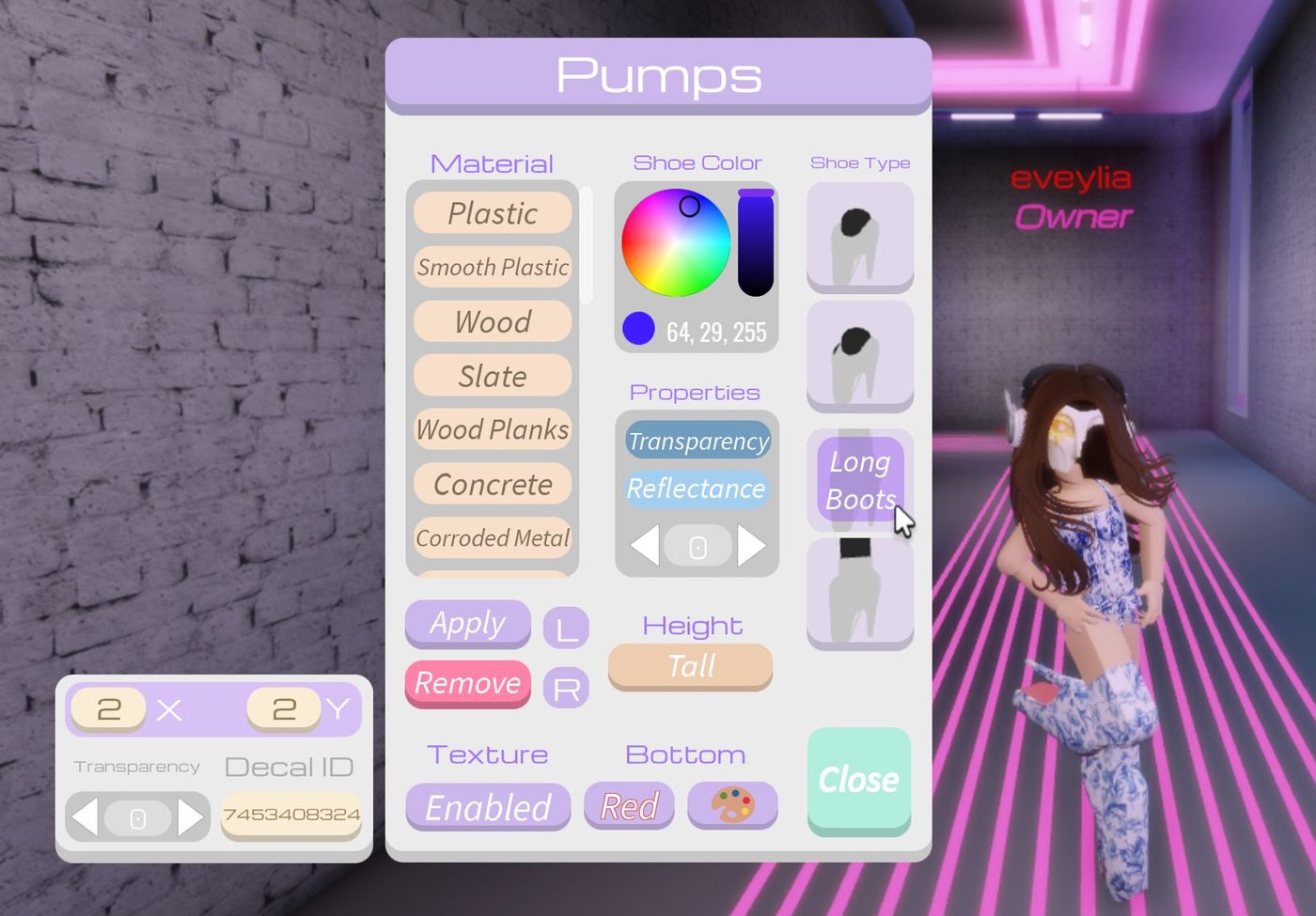 Customisation panel for Pumps showing material library, RGB color picker, properties, shoe type selection, and decal ID controls