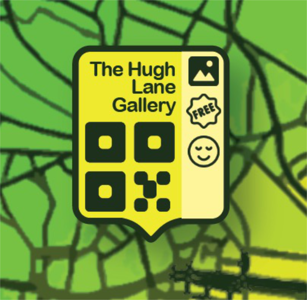 Hugh Lane Gallery navigation bubble shown in context on the Dublin map, yellow bubble with art icon, free entry badge, calm atmosphere indicator and QR code