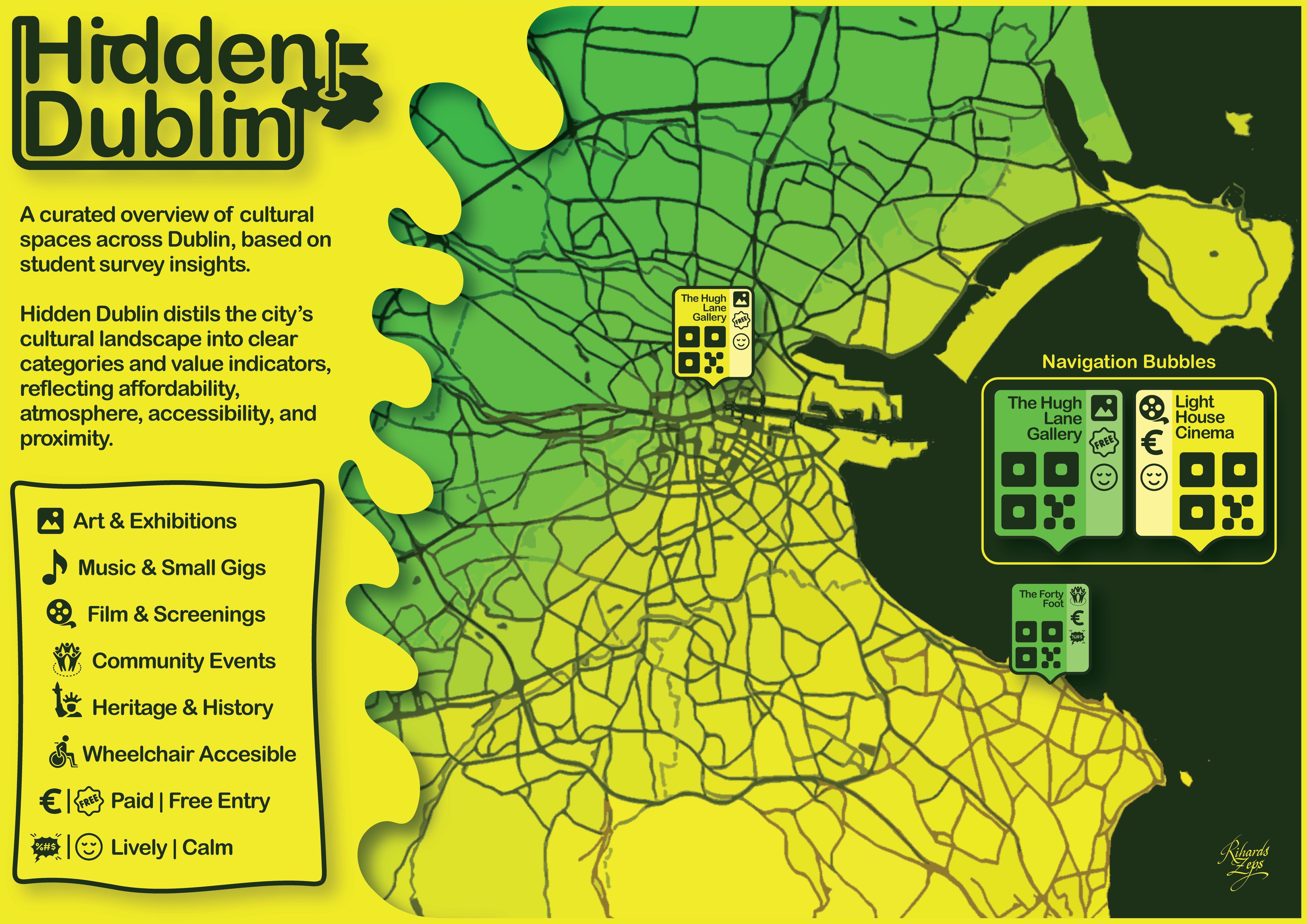 Hidden Dublin cultural map in moss green and bright yellow with category legend and navigation bubble examples
