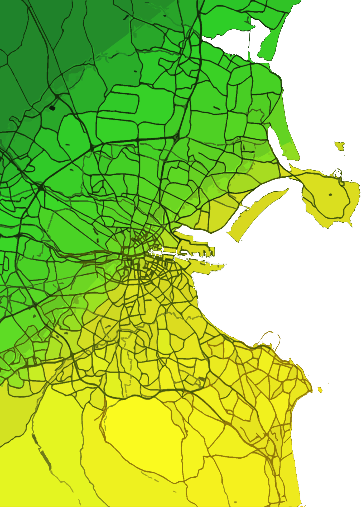 Dublin road network map showing the green to yellow gradient from north to south with no overlaid text or bubbles