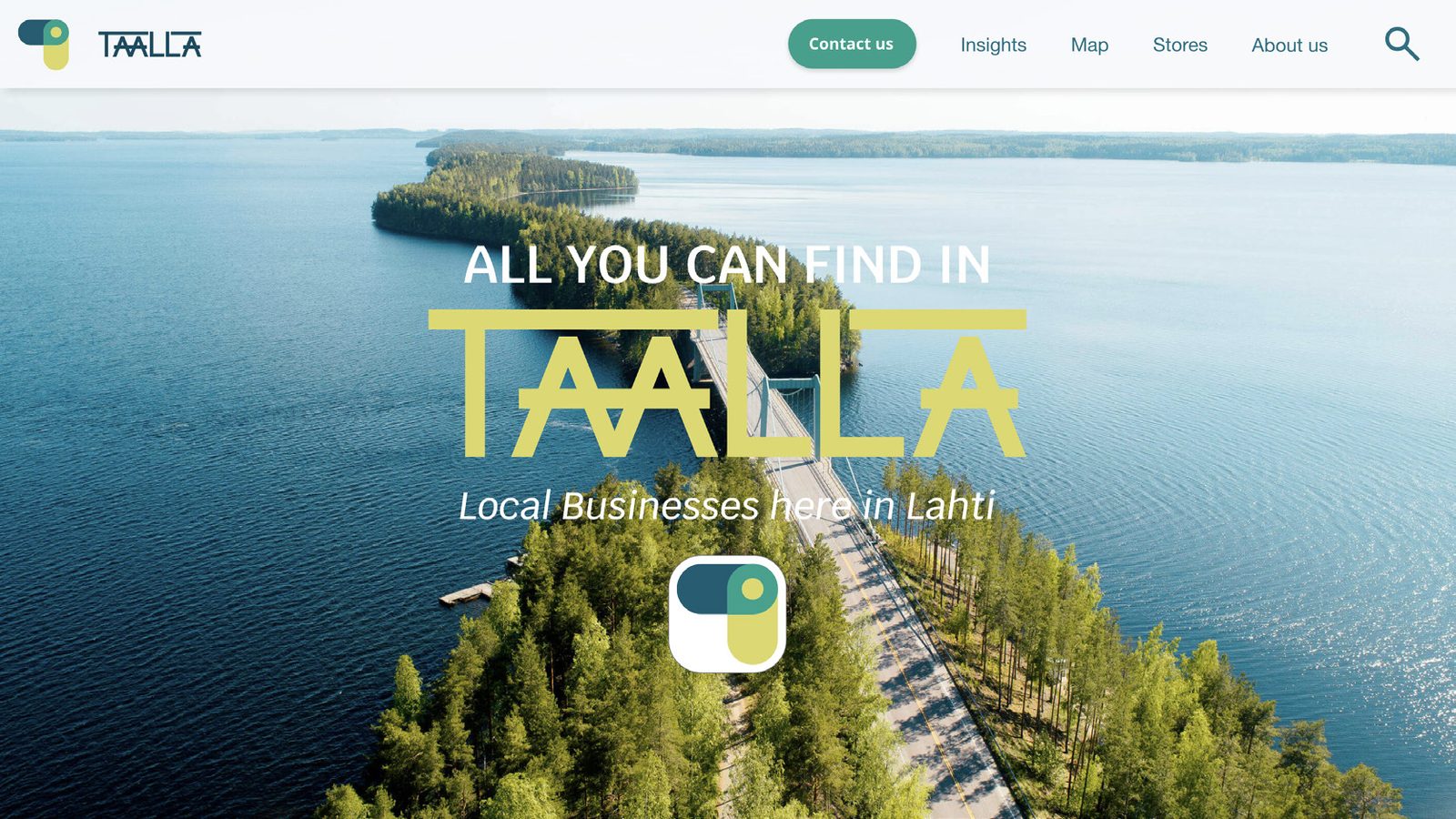 Täällä homepage with 'All You Can Find In Taalla' over a Finnish lake landscape