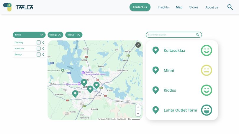 Map view of Lahti with sustainable stores marked and smiley rating panel