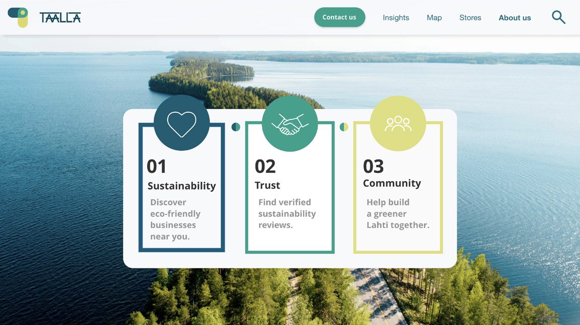 Three pillar cards: Sustainability, Trust, Community