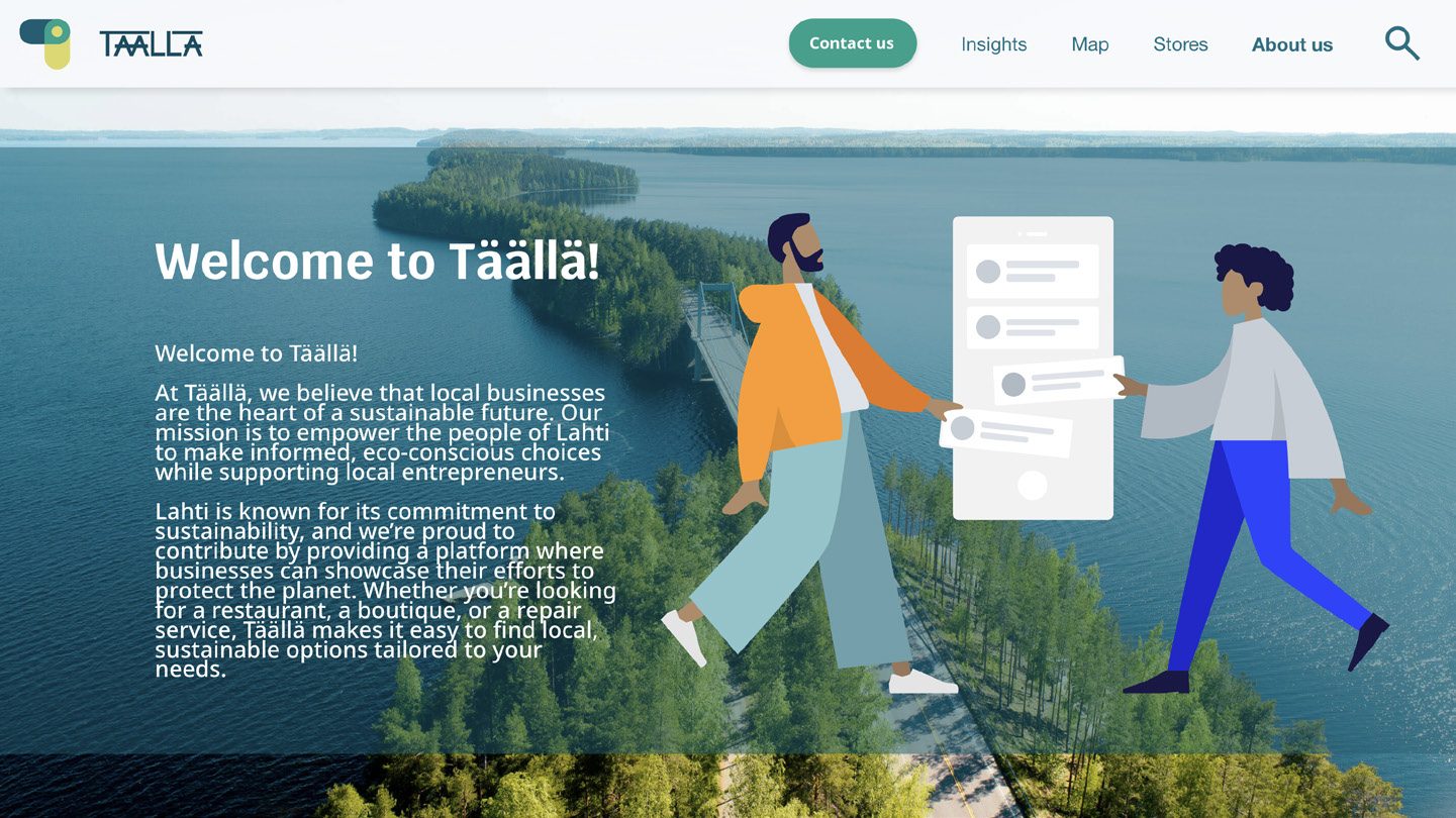 Welcome to Täällä page with introduction and illustrated characters